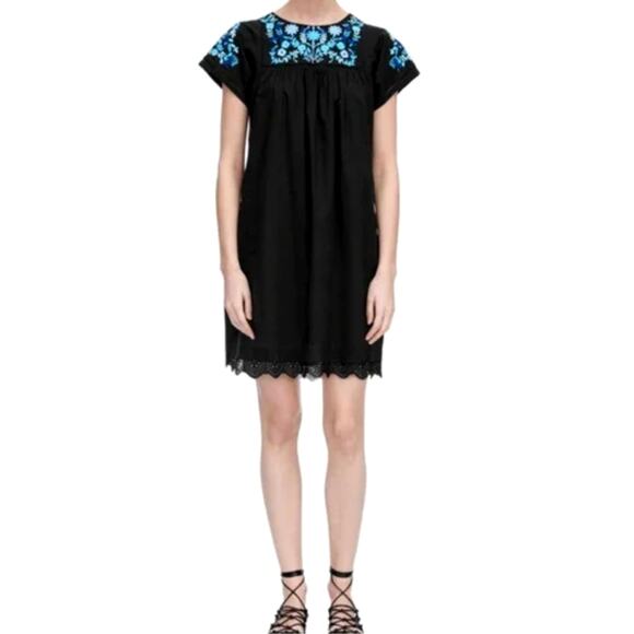 Rebecca Taylor Embroidered Floral Eyelet Cotton Shift Dress Black Blue Size 6 - Picture 1 of 16